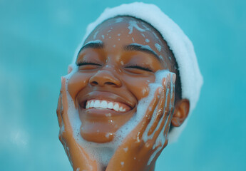 A Black woman smiling and washing her face with soap, light blue background, skin care concept, beauty photography. 