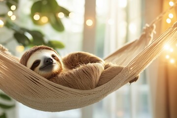Relaxation in a cozy hammock as a sloth enjoys its beauty sleep amidst vibrant greenery and soft lights