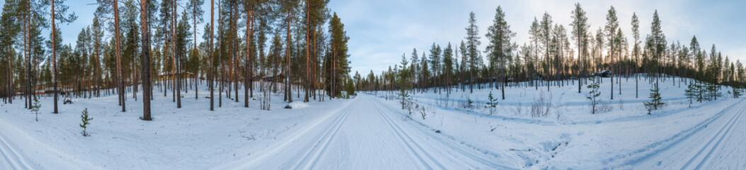 360 degree panoramic winter landscape in Finnish Lapland around Akaslompolo, Finland