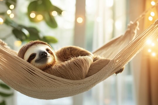 Relaxation in a cozy hammock as a sloth enjoys its beauty sleep amidst vibrant greenery and soft lights
