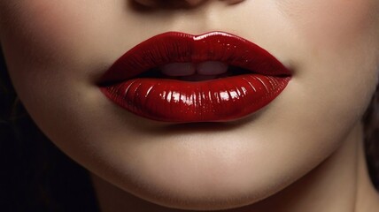Fototapeta premium A detailed close up view of beautiful stunning cherry colored makeup woman's lips. Portrait of professional dark red lipstick makeup