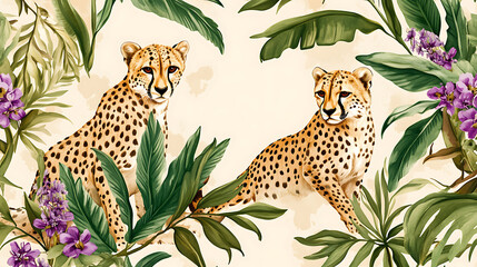 Naklejka premium A classic jungle pattern featuring cheetahs amidst green foliage and purple flowers on a soft neutral background 