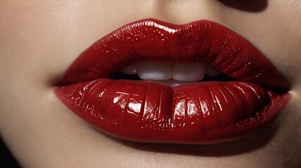 Obraz premium A detailed close up view of beautiful stunning cherry colored makeup woman's lips. Portrait of professional dark red lipstick makeup