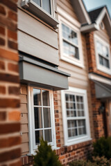 Obraz premium Modern Brick Townhouses: Exterior Design and Architecture. High-quality residential properties in a thriving community. Discover the perfect home.