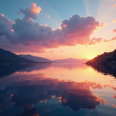 Fototapeta premium Gentle clouds drift across a tranquil lake at sunrise, calmness, serenity