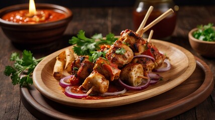 A  grilled chicken shashlik served with thin lavash, red onion rings, and tomato sauce