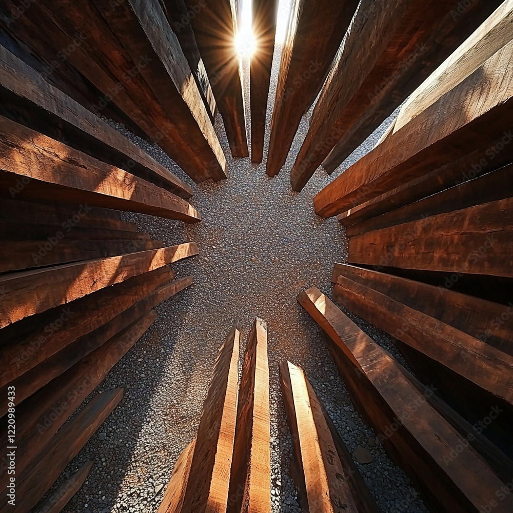 Poster Top view of wooden planks arranged in a circular shape with light shining through the center
