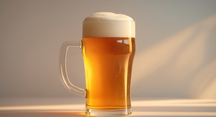 Freshly Poured Golden Beer in Pint Glass with Foamy Head Illuminated by Soft Natural Light and Empty Copy Space for Text