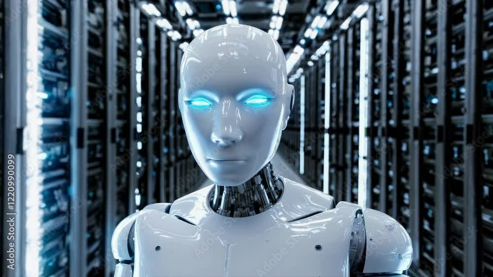 Poster an android robot in a modern server room filled with equipment.