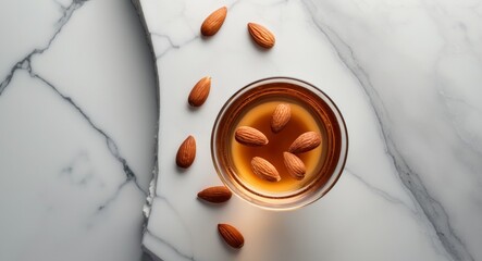 Golden almond liqueur in a clear glass with nuts on a white marble background overhead view with ample negative space on the left side.