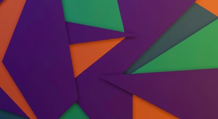 Geometric Abstraction: A vibrant composition of overlapping geometric shapes in shades of purple, green, and orange. 