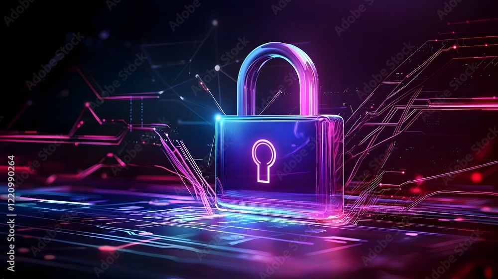Poster Stylized digital security concept featuring a glowing lock icon encrypted connections and multiple layers of cybersecurity measures designed to ensure the privacy and protection of digital data