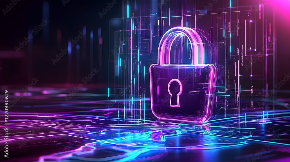 Poster Futuristic digital visualization of cybersecurity featuring a 3D lock symbol encrypted digital pathways