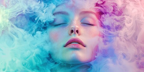 Woman's face is shown in a blue and purple smoke