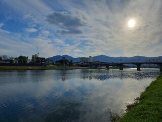 Autumn blue sky and clear river