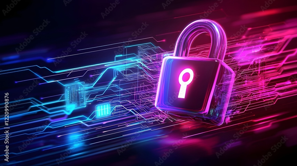 Poster Vibrant depiction of network security featuring a central lock icon surrounded by firewalls data encryption elements and other cybersecurity technologies in an abstract futuristic style