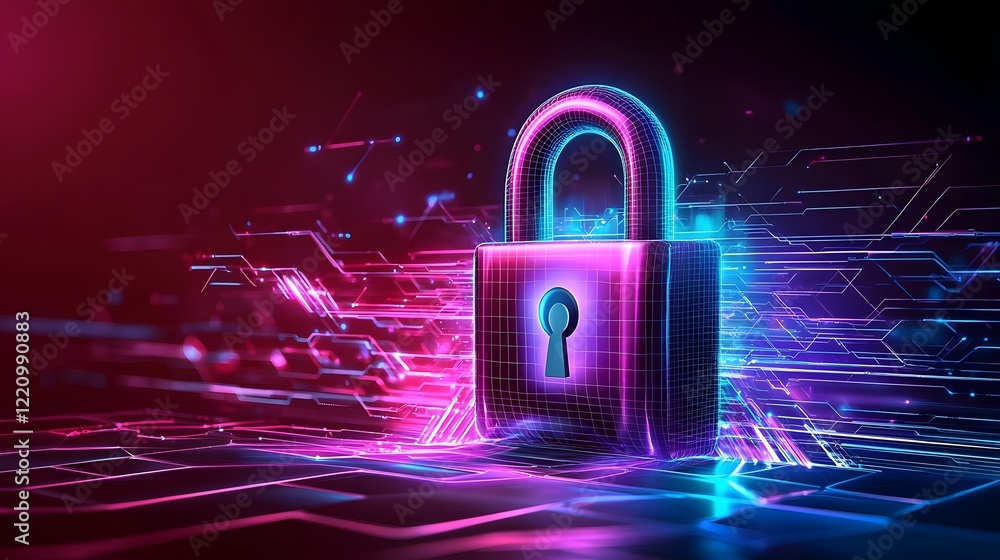 Poster Vibrant digital artwork showcasing a central lock icon surrounded by firewalls data encryption elements and various cybersecurity technologies in an abstract and futuristic style
