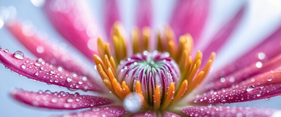 Obraz premium Macro shot of a colorful flower center with dew drops