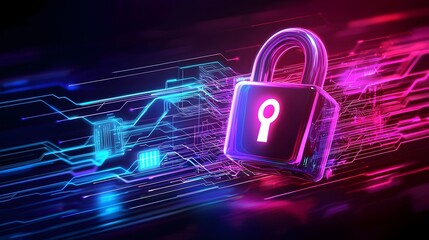 Vibrant depiction of network security featuring a central lock icon surrounded by firewalls data encryption elements and other cybersecurity technologies in an abstract futuristic style