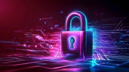 Vibrant digital artwork showcasing a central lock icon surrounded by firewalls data encryption...