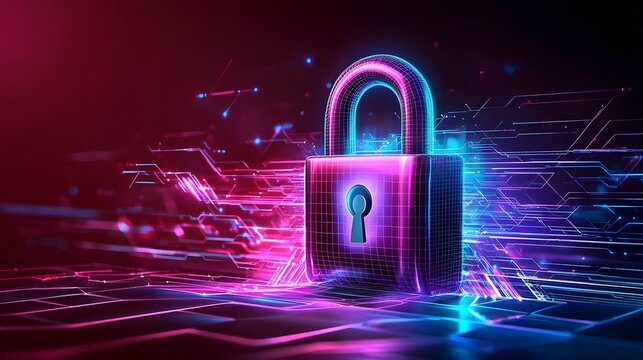 Vibrant digital artwork showcasing a central lock icon surrounded by firewalls data encryption elements and various cybersecurity technologies in an abstract and futuristic style