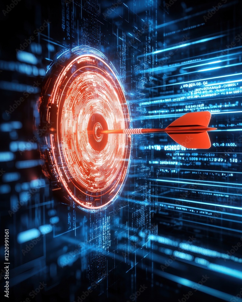 Poster a dart hits a glowing target amidst a digital background, symbolizing precision and goal achievement
