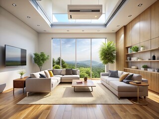Fototapeta premium Modern Minimalist Home Interior with Discreet Ceiling Mounted Air Conditioner