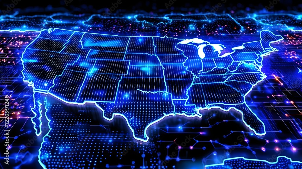 Poster Futuristic visualization of the cybersecurity network of America featuring interconnected data nodes glowing digital pathways