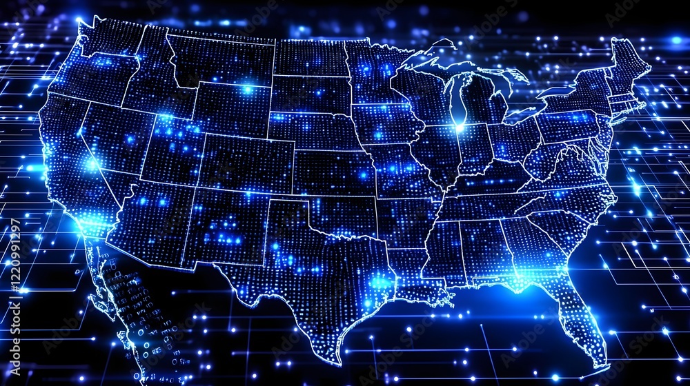 Poster Futuristic visualization of America s national cybersecurity infrastructure featuring an interconnected network of glowing digital data nodes advanced encryption technology