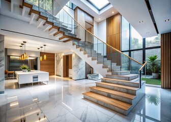 Obraz premium Modern Minimalist Marble Staircase Interior - Drone Photography