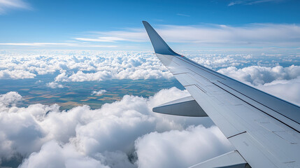 Obraz premium Aerial view from an airplane wing above fluffy clouds under a bright blue sky.