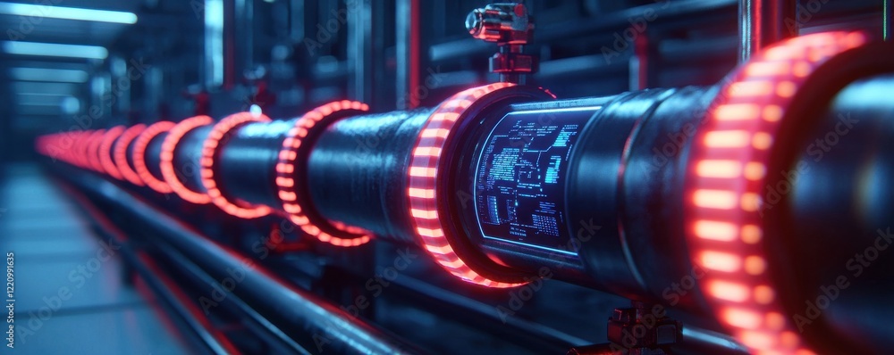 Poster a futuristic pipeline illuminated by red lights, showcasing a sleek design and advanced technology i
