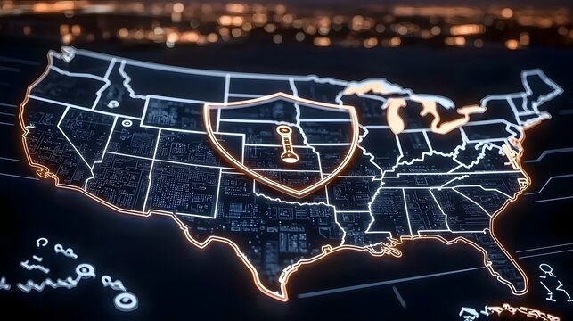 Digital of the USA map with a large cyber shield overlay protecting national data integrity