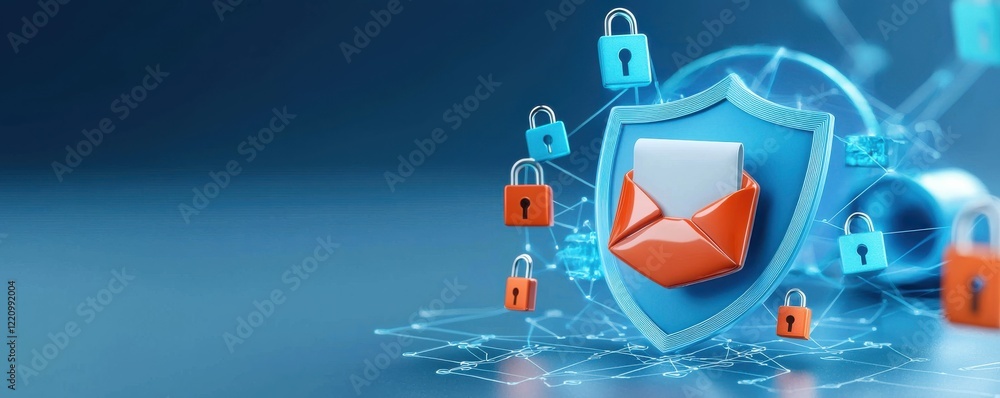 Poster a visual representation of email security, featuring a shield icon and locks, symbolizing protection