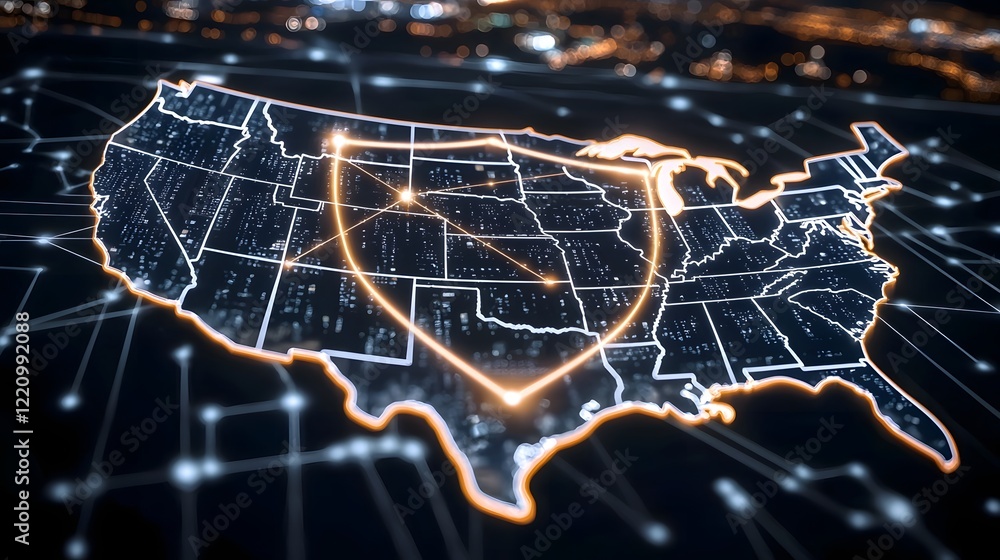 Fototapete Abstract visual concept depicting national data security and digital transformation strategies utilizing an overlaid USA map with a glowing cyber shield connected to cities displaying encrypted data