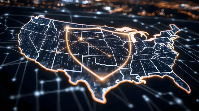 Abstract visual concept depicting national data security and digital transformation strategies utilizing an overlaid USA map with a glowing cyber shield connected to cities displaying encrypted data - Powered by Adobe