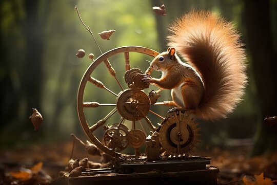 A playful squirrel with a fluffy tail spins joyfully on a wheel, capturing the essence of fun and curiosity. In the background, a lemming observes, adding a whimsical touch to this lively scene.