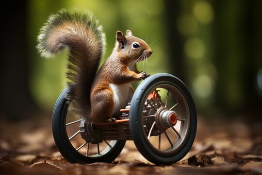 A playful squirrel with a fluffy tail spins joyfully on a wheel, capturing the essence of fun and curiosity. In the background, a lemming observes, adding a whimsical touch to this lively scene.