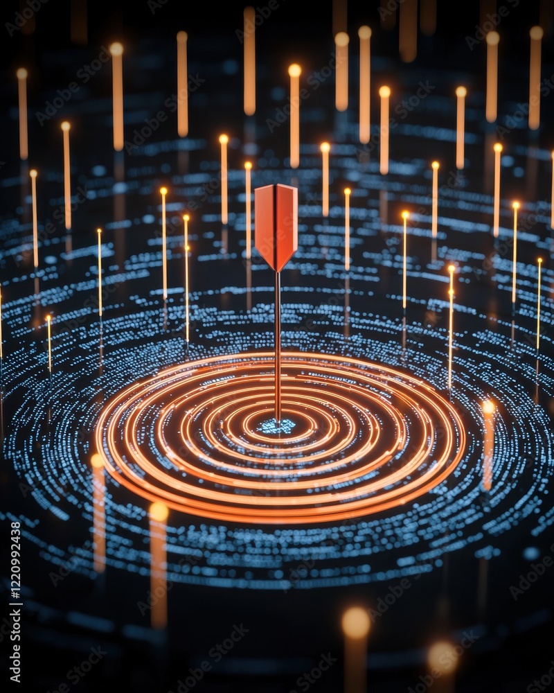 Poster a digital artwork featuring concentric circles with a central shield and glowing lines, symbolizing 