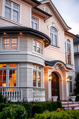 Fototapeta premium Elegant Classic House Exterior at Dusk: Luxury Real Estate, Architectural Design, and Landscaping