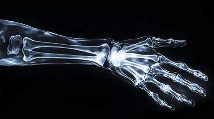 Naklejka premium Ethereal X-Ray Imagery of Glowing Skeletal Arm with Pulsing Circulatory System in Surreal Sci-Fi Ambiance