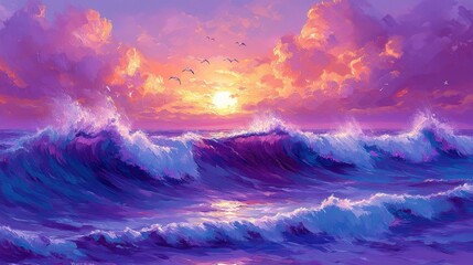 Fototapeta premium Purple Sunset Ocean Waves Painting Vibrant Seascape Art