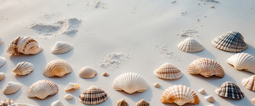 shells on the beach , copy space concept for wallpaper or background.