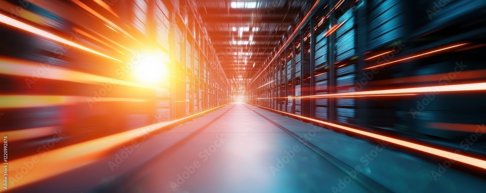 Poster a futuristic corridor illuminated by vibrant light, suggesting speed and motion, with dynamic lines 