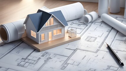 Architectural model house sits on blueprints with pencils and rolled-up plans, showcasing residential design and construction planning.
