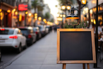 Charming street scene with a wooden chalkboard sign under a lamp, inviting visitors amidst cozy restaurants and soft lighting.
