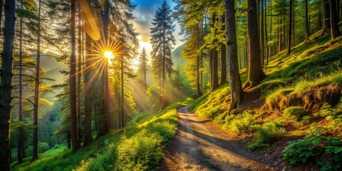 Fototapeta premium Mountain Road Sunlight Rays, Scenic Trail, Nature Photography, Hiking Path, Adventure Landscape