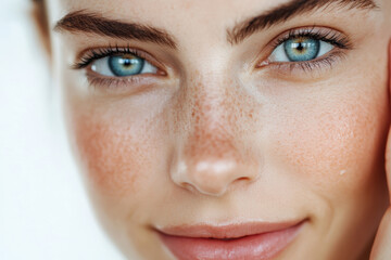 Fototapeta premium Close-up portrait of a happy woman with flawless skin, washing her face in the morning and smiling at the camera, isolated on a white background. 