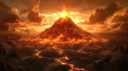Fototapeta premium Fiery Volcano Eruption Landscape Dramatic Sunset Artwork