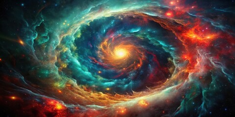 Obraz premium A mesmerizing cosmic swirl of vibrant nebulae, fiery red and teal hues, a celestial dance of swirling gases and radiant stars, a breathtaking vision of the universe's infinite beauty.